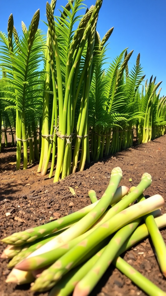 A flourishing asparagus garden with tall spears and rich soil under a sunny sky.